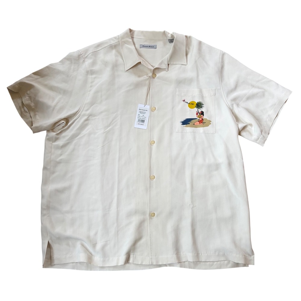 NWT Havana Breeze Aloha Hawaiian Shirt 100% Silk Cream Hula Girl Christmas XXL‎